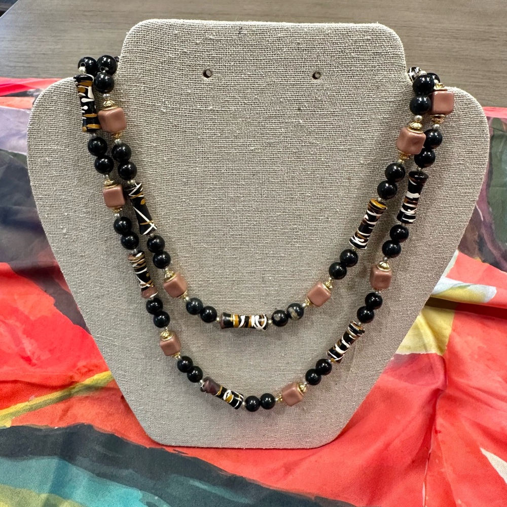 Black and Brown Beaded Double-Strand Necklace - Women's Fashion Jewelry